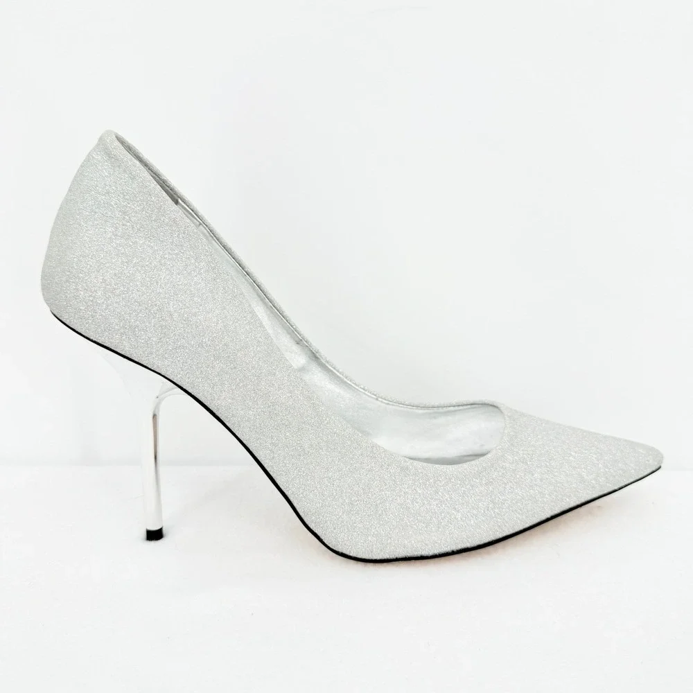 GOOD AMERICAN Emma Glitter Heel Silver Sparkly Pointed Toe Stiletto Size 10 NWOB